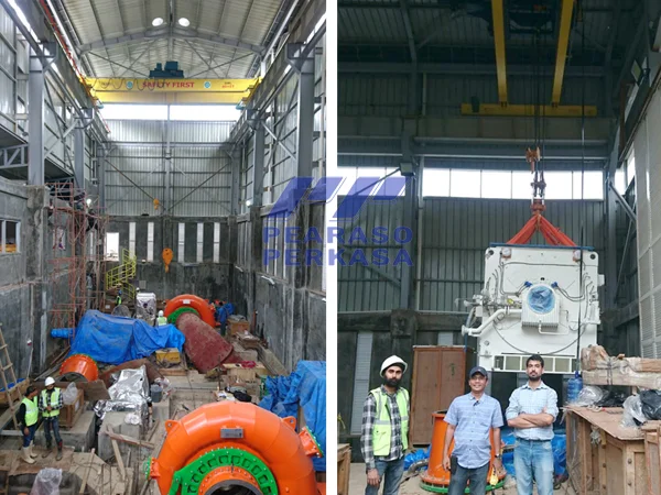 Uji beban 41 ton overhead crane double girder Pearaso Perkasa di PLTMH Gumanti III Sumatera Barat